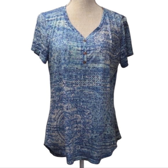 ONE WORLD Tops - ONE WORLD Blue Abstract Short Sleeve Top